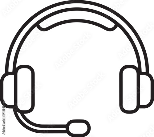 A black and white illustration of a headset with a microphone attachment