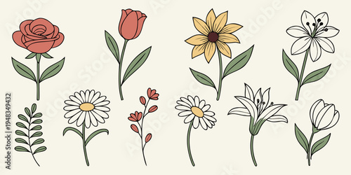 a collection of nine different flowers with green leaves Vector