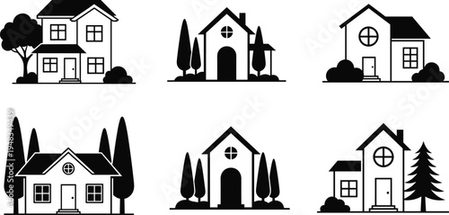 Modern house icons set, residential home silhouette collection with trees, cottage buildings, real estate architecture symbols isolated vector
