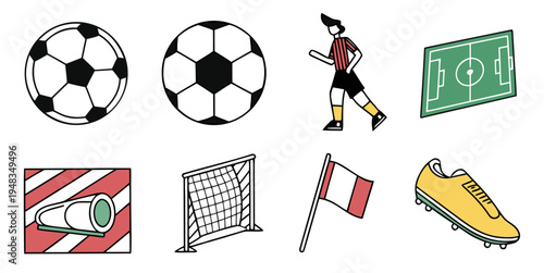soccer balls and equipment on a field Vector
