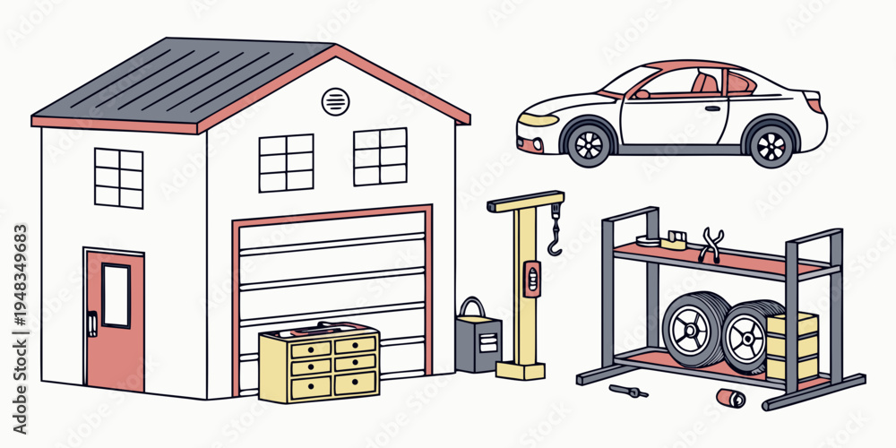 Naklejka premium a garage with a car and various equipment Vector
