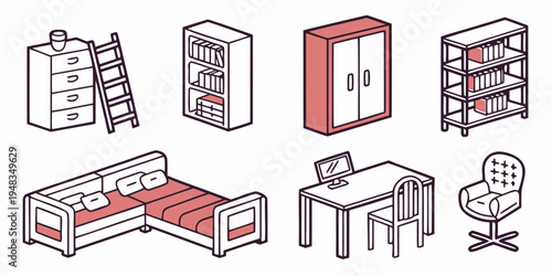 a collection of furniture pieces for a bedroom or office Vector