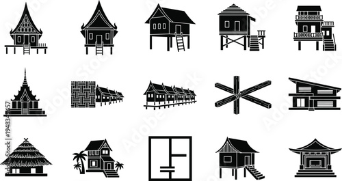 Traditional Asian House Icons Set, Black Silhouette Architecture Collection, Village Buildings, Cultural Homes, Vector Illustration, Isolated Design Elements