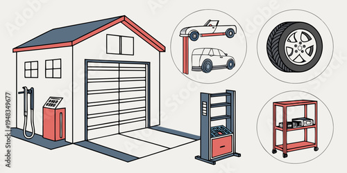 a garage with a car lift and tire Vector