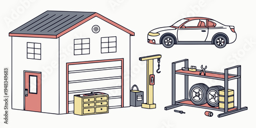 a garage with a car and various equipment Vector
