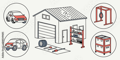 a garage with a car lift and various automotive equipment Vector