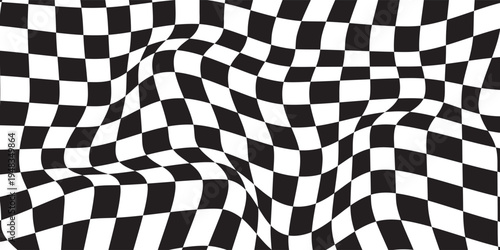A classic black and white checkerboard pattern with alternating squares creating a simple, repeating geometric grid.