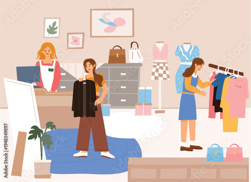 Women shopping and working in a clothing store