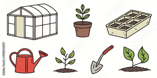 gardening tools and plants in a greenhouse setup Vector