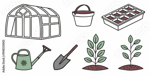 a collection of gardening tools and plants Vector