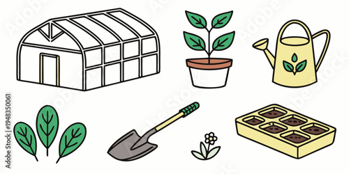 a set of gardening tools and plants Vector