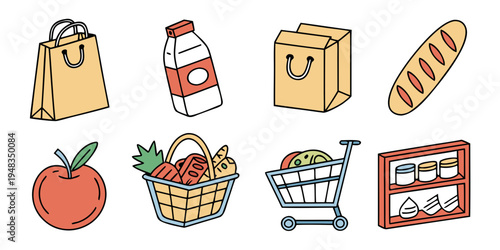 a collection of grocery items and shopping cart Vector
