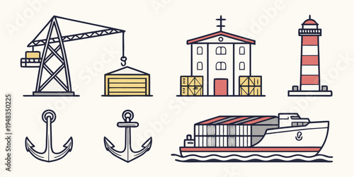 a set of nautical icons including a crane and boat Vector