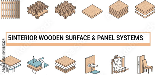 Isometric Vector Illustration of Interior Wooden Surface, Panel Systems and Wood Veneer Textures for Architecture and Furniture Design