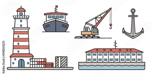 a set of nautical icons including a lighthouse and ship Vector