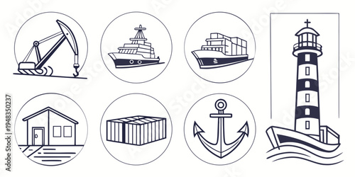 a set of nautical icons including a lighthouse and various ships Vector