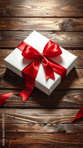 White gift box with red ribbon bow on rustic, dark wooden surface