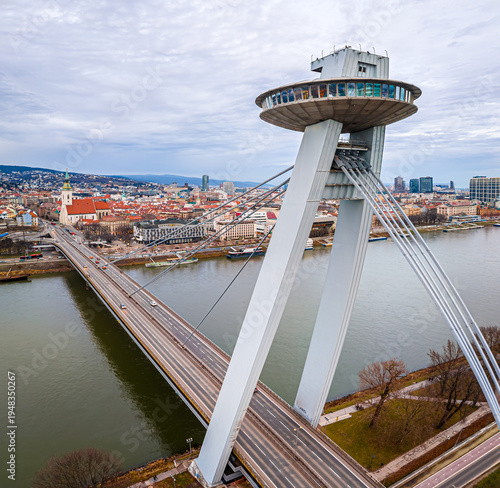 Photography UFO Bridge observation deck Bratislava above the Danube at blue hour view