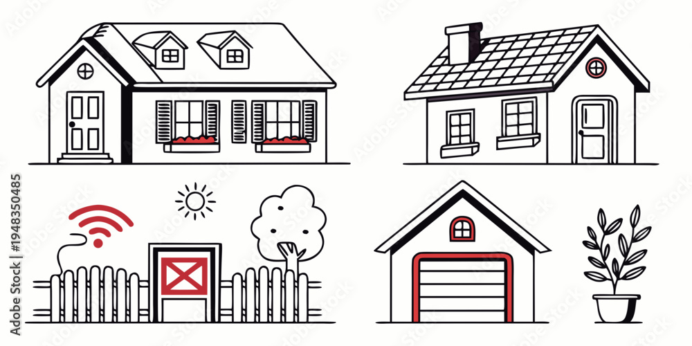 Fototapeta premium a set of four house and garage illustrations with red accents Vector
