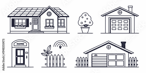 a set of six different house and garage illustrations Vector