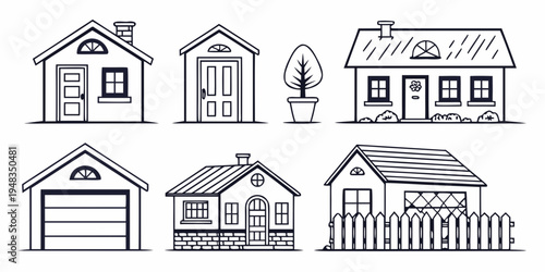 black and white line drawings of various houses and buildings Vector