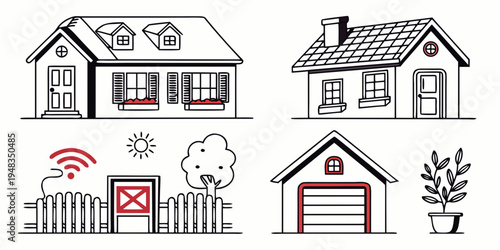 a set of four house and garage illustrations with red accents Vector