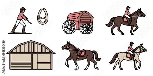 a set of horse riding icons with horses and carriage Vector