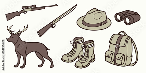 hunting gear and equipment for outdoor activities Vector