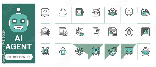Modern AI agent icon set with coding, smart devices, security, and digital technology concepts in a filled outline style.