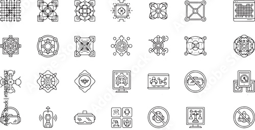 Drone Technology and Virtual Reality Interface Icons Set - Futuristic HUD, Remote Control, AR/VR Glasses, and Surveillance System Line Art Illustration.