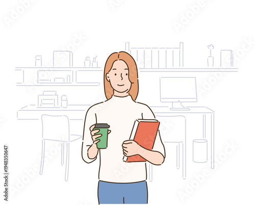 A woman holding a coffee cup and a book in a modern setting