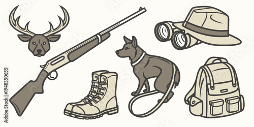 hunting gear and accessories for outdoor activities Vector