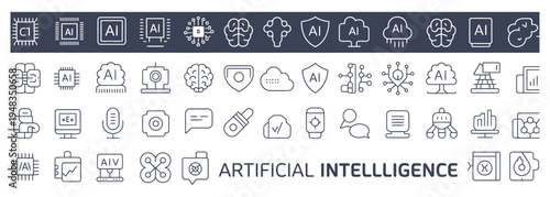Extensive artificial intelligence outline icon set featuring brain, chip, cloud, security, data, and robot concepts.