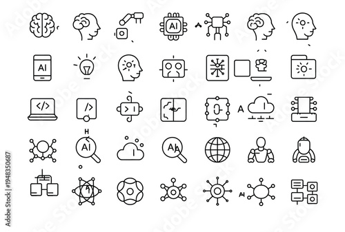 Diverse collection of artificial intelligence line icons representing machine learning, robotics, and future technology concepts.