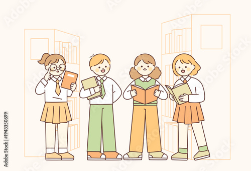 Four cartoon girls standing together in a line