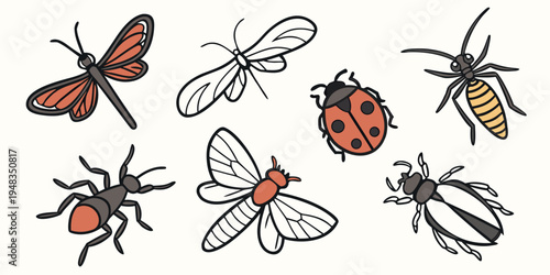 a group of insects including a butterfly and a ladybug Vector
