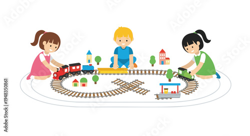 Three happy children play together with a colorful toy train set, featuring tracks, trains, houses, and trees.