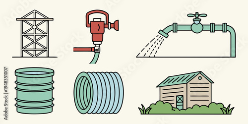 a set of icons related to water supply and irrigation Vector