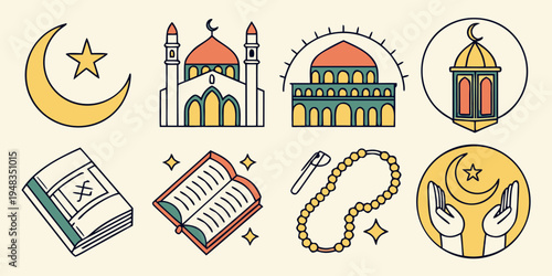 ramadan icons with mosque and islamic symbols Vector