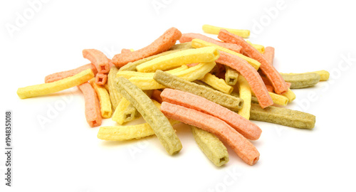 Naturally Baked Veggie Straws Made From Tomatoes, Spinach and Potatoes on white background 