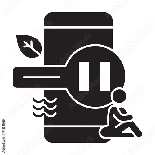 Smartphone with leaf icon and pause symbol, signifying a digital detox and self-care break, control panel