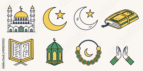 Islamic symbols and objects for ramadan and quran Vector