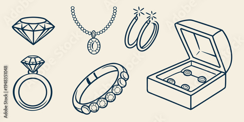 a collection of jewelry including rings and a necklace Vector