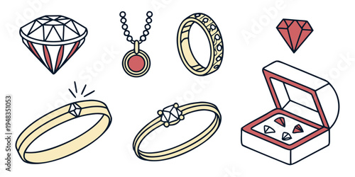 a collection of jewelry including rings and a necklace Vector
