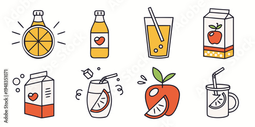 orange juice and apple juice packaging and fruit Vector