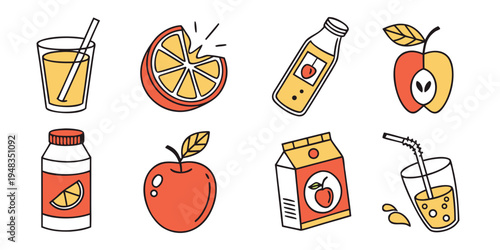a collection of orange juice and apples Vector