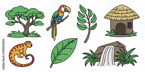 a set of jungle icons including a tree and a hut Vector
