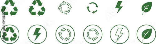 Small arrangement of outline icons depicts recycling arrows, circular refresh symbols, lightning bolts, and simple leaf shapes.