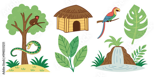 a set of jungle icons including a tree and a volcano Vector