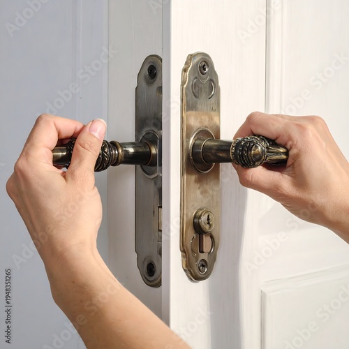 Hands opening ornate, brassy doorknob on a white door, keyhole visible
